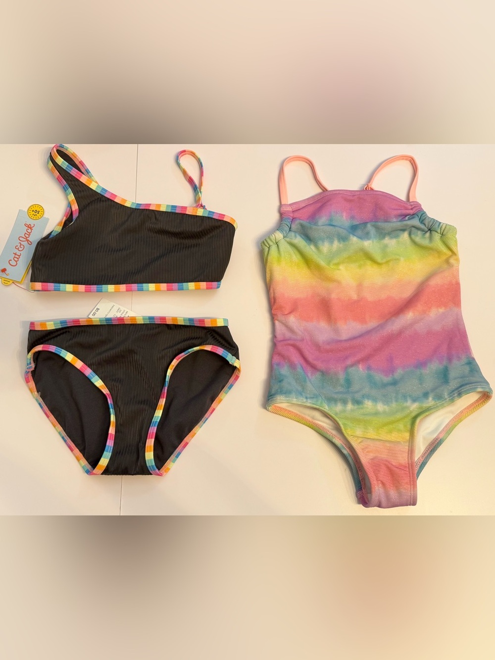 Cat & Jack Black Bikini with Rainbow Trim & Rainbow Tie-Dye One-Piece